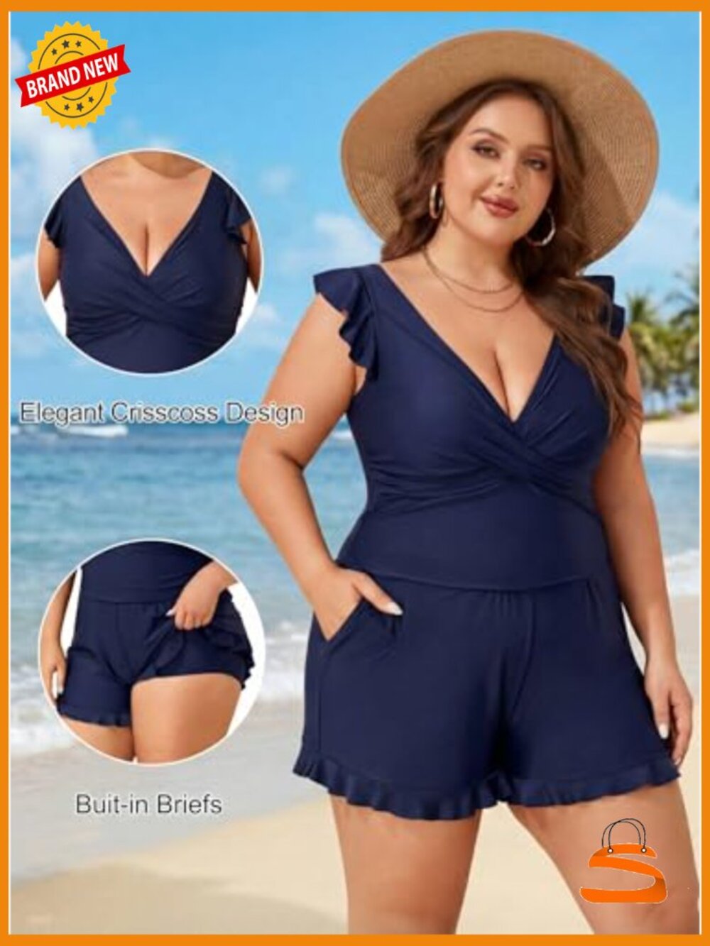 Plus Size One Piece Swimsuit with Pockets Modest Swim Romper Full Coverage - Picture 3 of 7